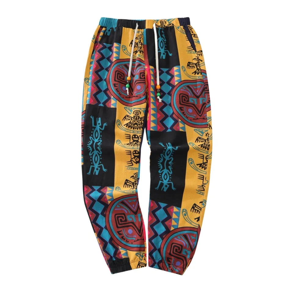 🌍 The Boho-Tribal Heritage Jogger: Premium Men’s Cotton-Linen Stretch Pants – High-Definition Tribal Graphic Print, Lightweight Breathable Fabric with Deep Pockets and Signature Drawstring Waist