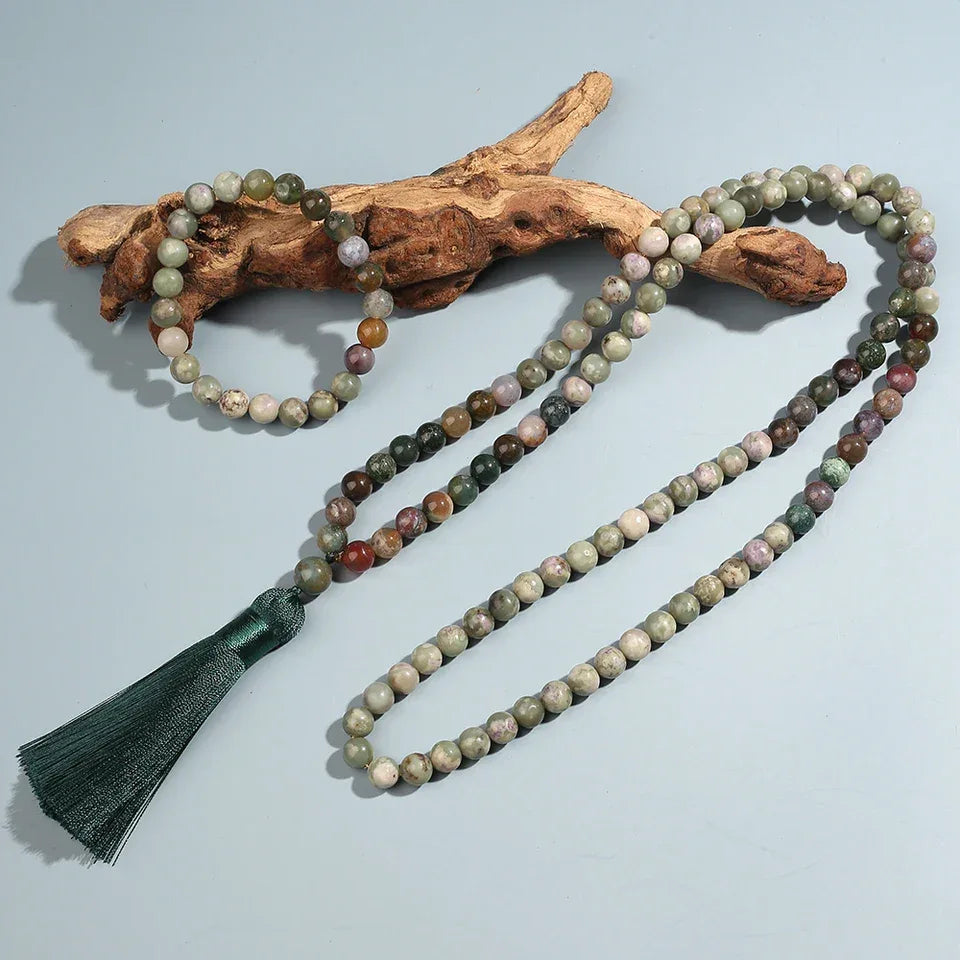 🌿 Sacred Indian Onyx 108 Mala Beads (8mm): The Stone of Strength & Memory – Healing Meditation Necklace, Yoga Prayer Rosary & Japamala Set