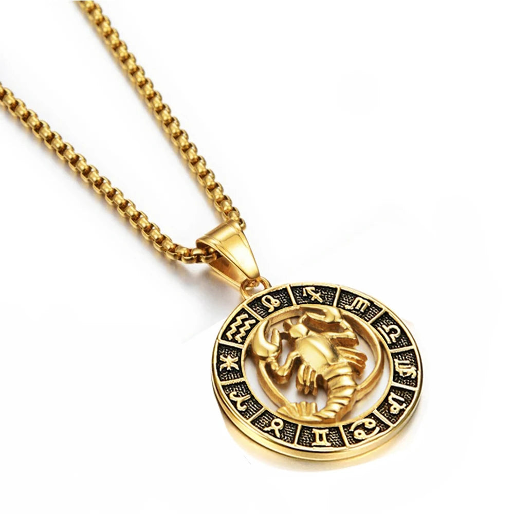 ♌♏ Zodiac Sign Leo Scorpio Pendant Necklace – Gold Color Stainless Steel Round 12 Constellation Design Unisex Astrology Jewelry Stylish Gift for Women and Men Cancer Gold Color