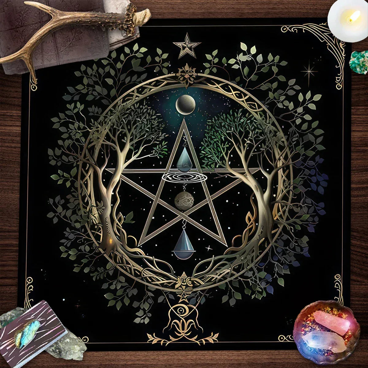 Pentagram Flowers & Plants Tarot Card Tablecloth Polyester Moon Tree of Life Altar Cloth Pagan Starry sky Divination Home Decor