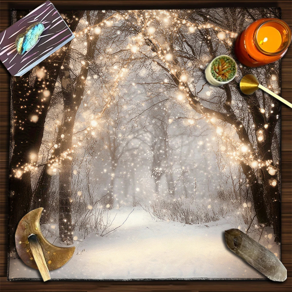 🃏 Dreamy Snowy Forest Tarot Tablecloth – Fairy Lights Altar Cloth with Crystal Snowflakes for Mystical Tarot Readings & Winter Spiritual Decor
