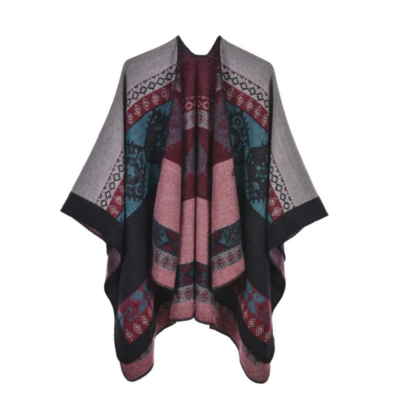 Winter Fashion Poncho Women Capes Scarf Imitation Cashmere Ladies Scarves Warm Shawls Wraps Woman Ponchos Bufanda Mujer Foulard One Size 1rhombic-pink black