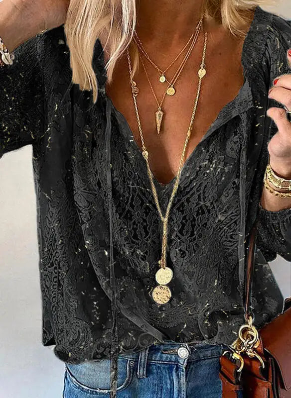 🛍️ 2025 Women’s Boho Lace Hollow Out Deep V Neck Pullover Blouse – Elegant Casual Tops for Spring & Summer