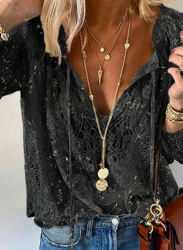 2025 Women's Boho Lace Blouse - Elegant Deep V Neck Pullover Top for Spring Summer Casual Wear