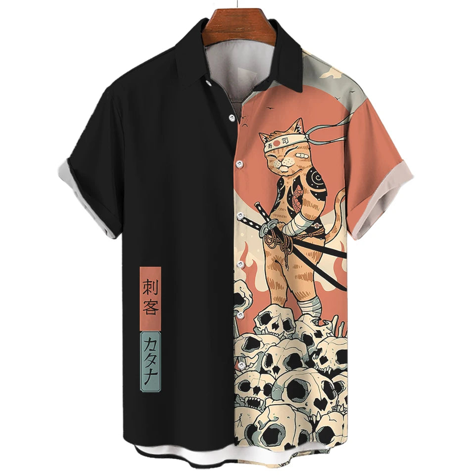 🐱⚔️The Samurai Neko Edition Premium Unisex 3D Printed Japanese Samurai Cat Shirt - High-Definition Bushido Feline Graphic Quick-Dry Hawaiian Beach Shirt, Breathable Urban-Streetwear Short-Sleeve Casual Apparel