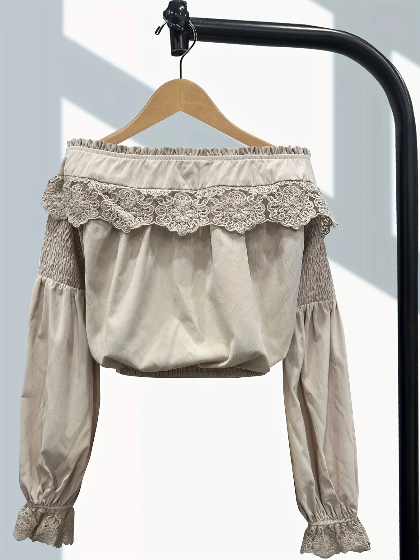 👚 Women’s Retro Elegant Blouse – Off Shoulder, Long Sleeve with Lace Flower and Lantern Sleeve Details