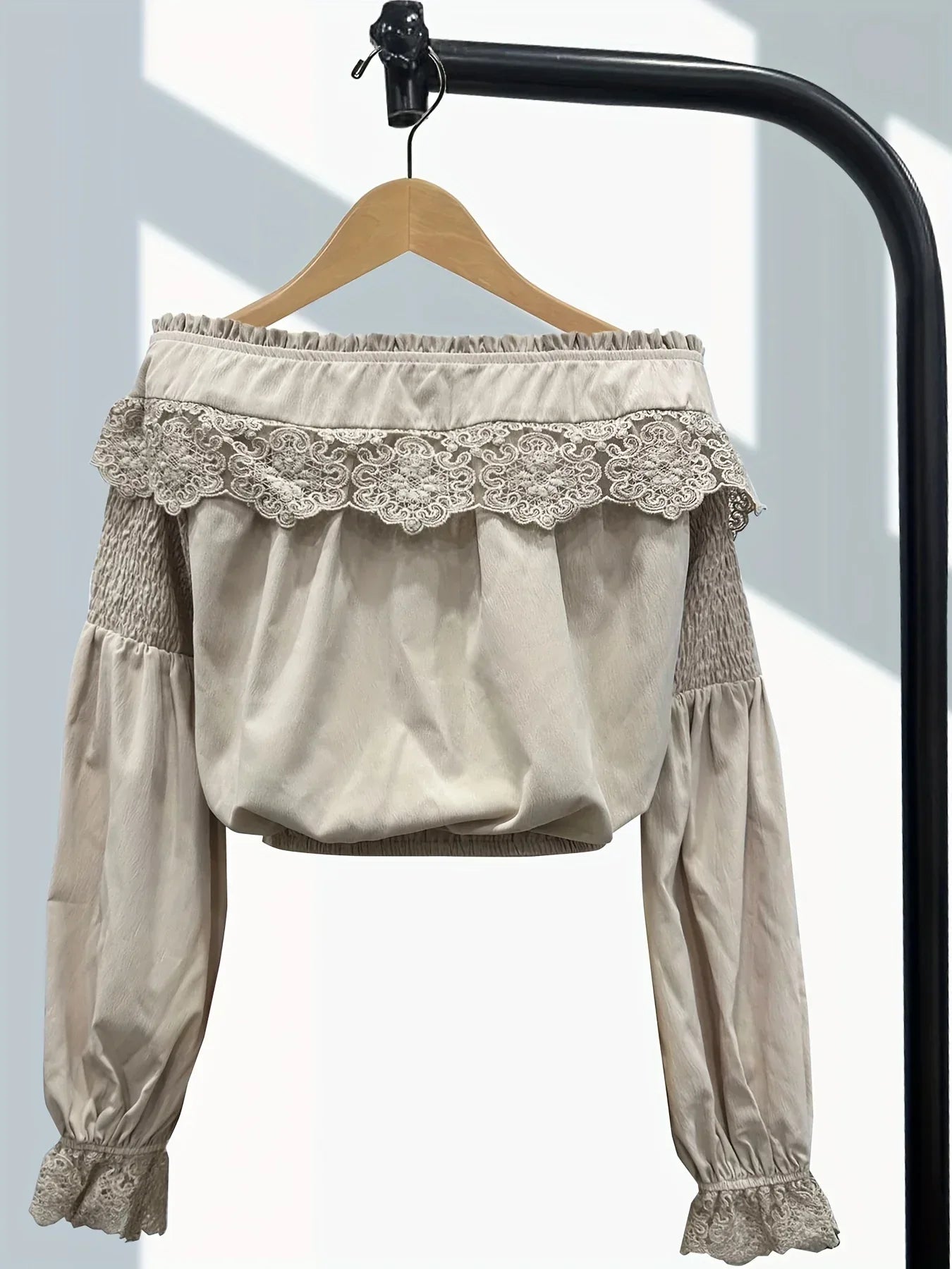 Women's Retro Elegant Blouse - Off Shoulder Long Sleeve with Lace Flowers and Lantern Sleeve Details