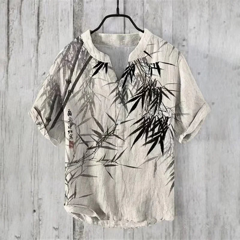 ⛩️ The Zen Crane Heritage: Premium Men’s 100% Pure Organic Linen Shirt – High-Definition Oriental Landscape Art Print, Sophisticated V-Neck Cut, and Plus Size (Up to 6XL) Luxury Casual Button-Down ARL543