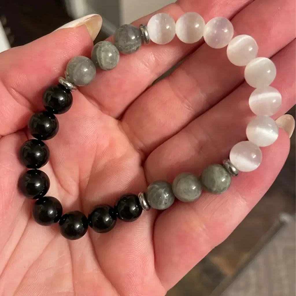 🛡️ Natural Stone Protection Bracelet – Black Tourmaline, Selenite & Labradorite 8mm Gemstone Beads for Energy Shield & Balance