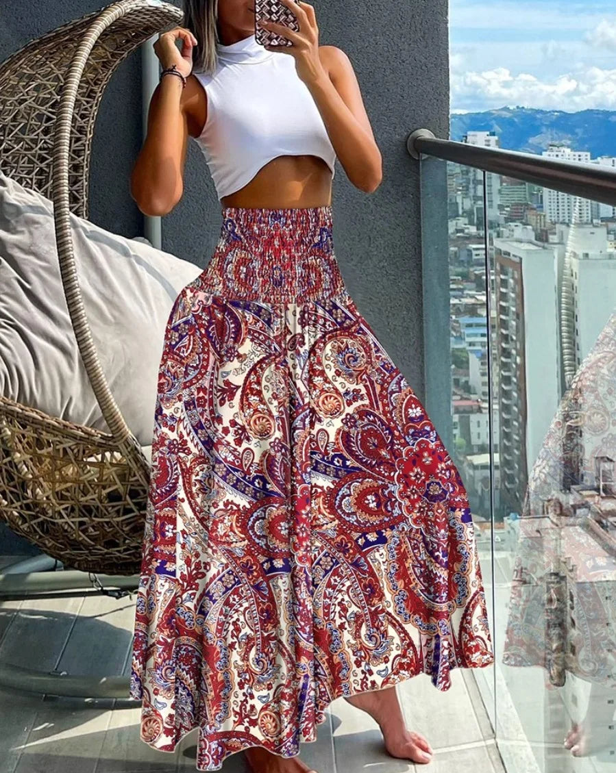 🛍️ Boho Beach Skirt – Vintage Printed Long A-Line Skirt with Elastic High Waist, Big Hem for Women’s Vacation and Spring-Summer Fashion