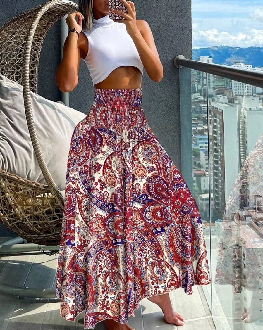 Boho Beach Skirt - Vintage Printed A-Line Skirt with Elastic High Waist for Women's Spring-Summer Fashion