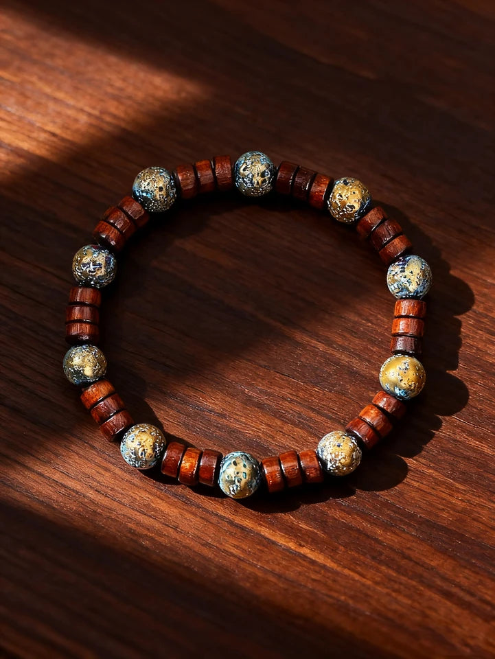 ✨ Natural Volcanic Stone Bracelet for Men – Light Blue Lava Beads & Handmade Retro Wood Beads – Vigour, Protection & Calmness Jewelry