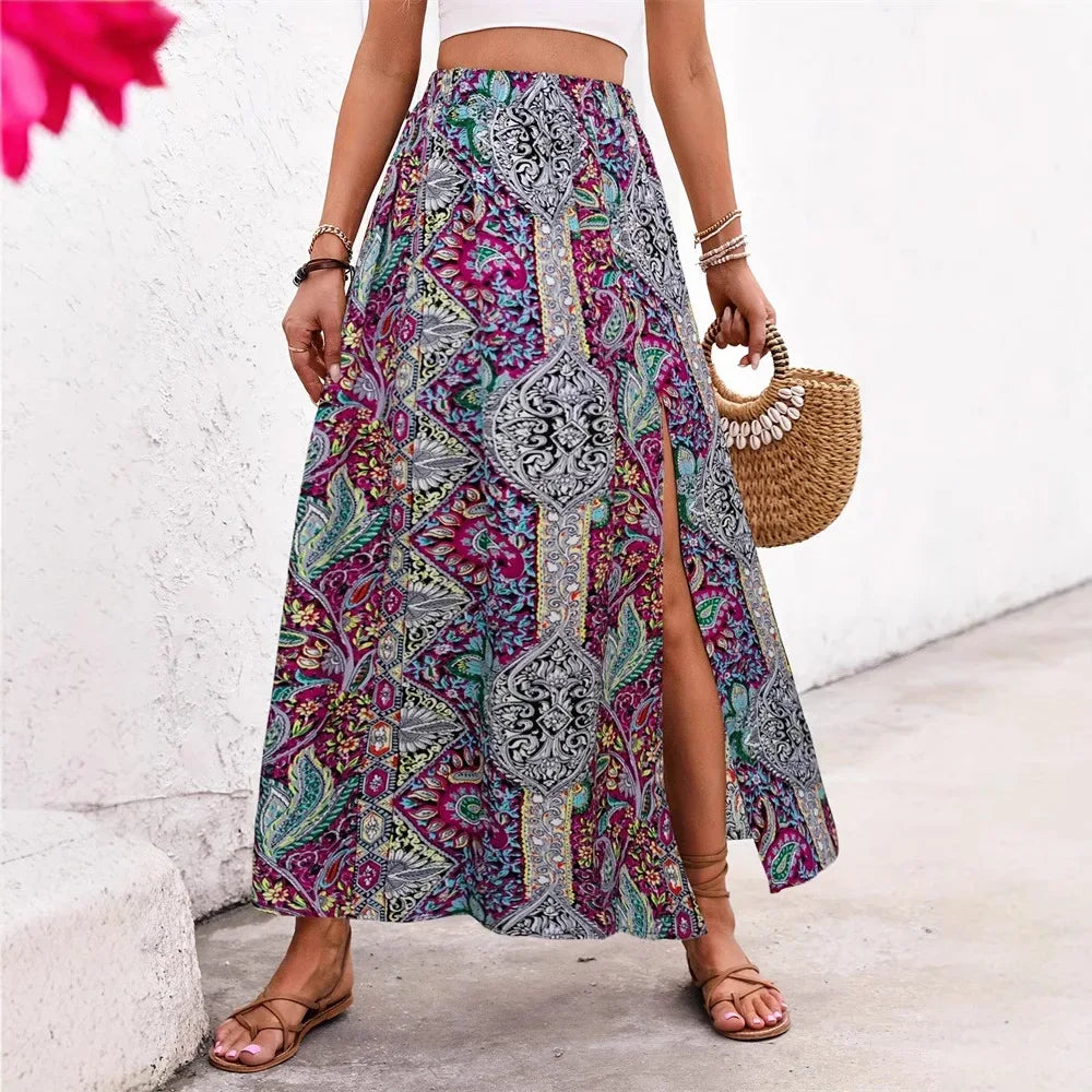 👗Bohemian Boho Retro Floral Print Skirts – Women’s Indie Folk Summer High Waist A-Line Pleated Long Skirts