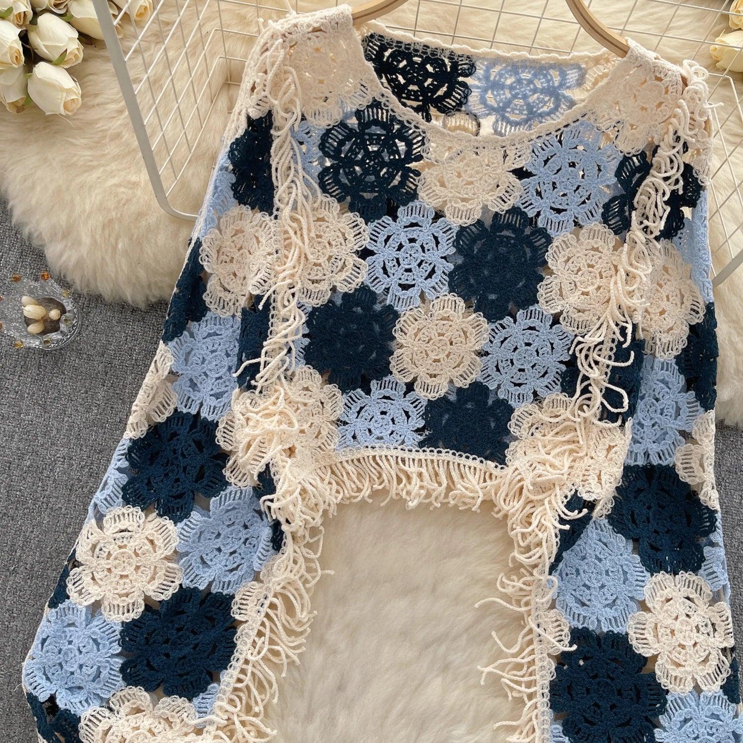 SINGREINY Bohemian Hollow Out Top - Tassels Knit Long Sleeve Blouse with Hook Flower Design for Vintage Y2K Chic Streetwear