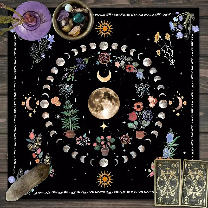 🌙 Moonlight Flower Tarot Card Table Cloth﻿ | Altar Card Mat & Witchcraft Astrology Supplies – Beautiful Decorative Card Mat for Sacred Rituals