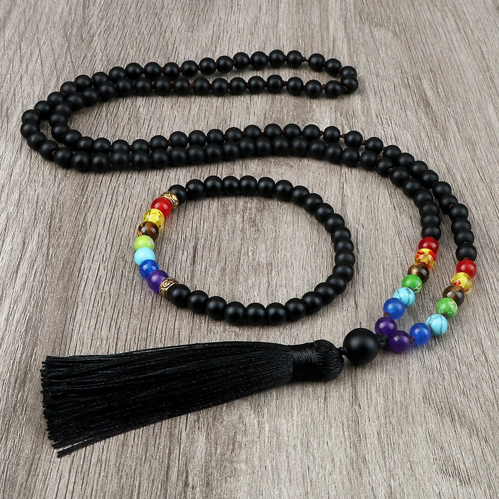 🌑 Black Onyx & 7 Chakra Mala: Shiny/Matte 108 Bead Necklace & Wrap Bracelet – Grounding, Protection & Anxiety Relief Meditation Rosary Black Matte