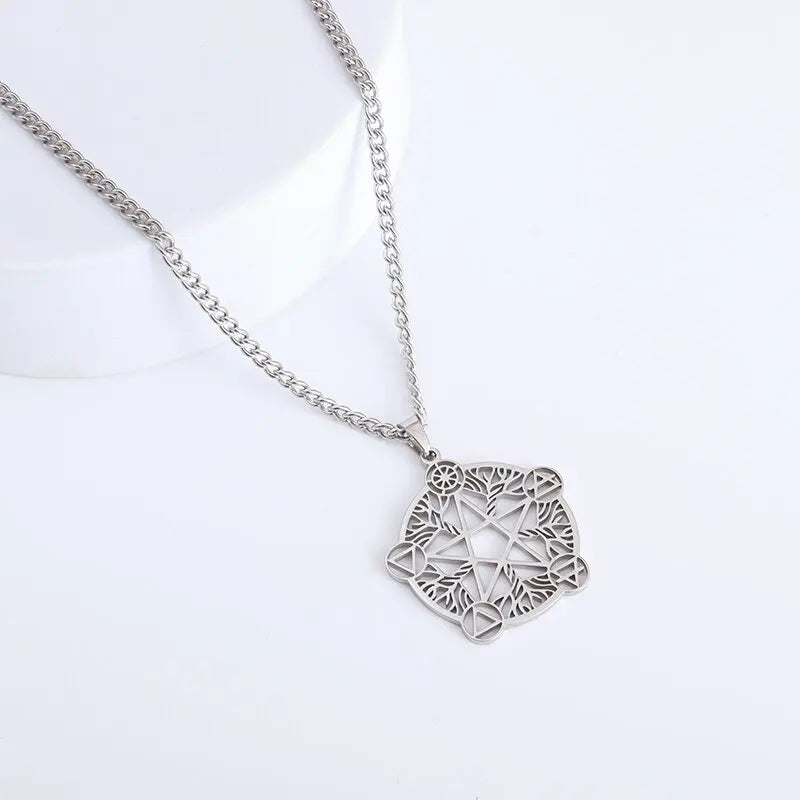 ✨ Stainless Steel 7 Archangel Seal Necklace – Solomon Kabbalah Seal Pendant | Men’s Supernatural Protection Amulet & Magical Jewelry AL18744-Silver