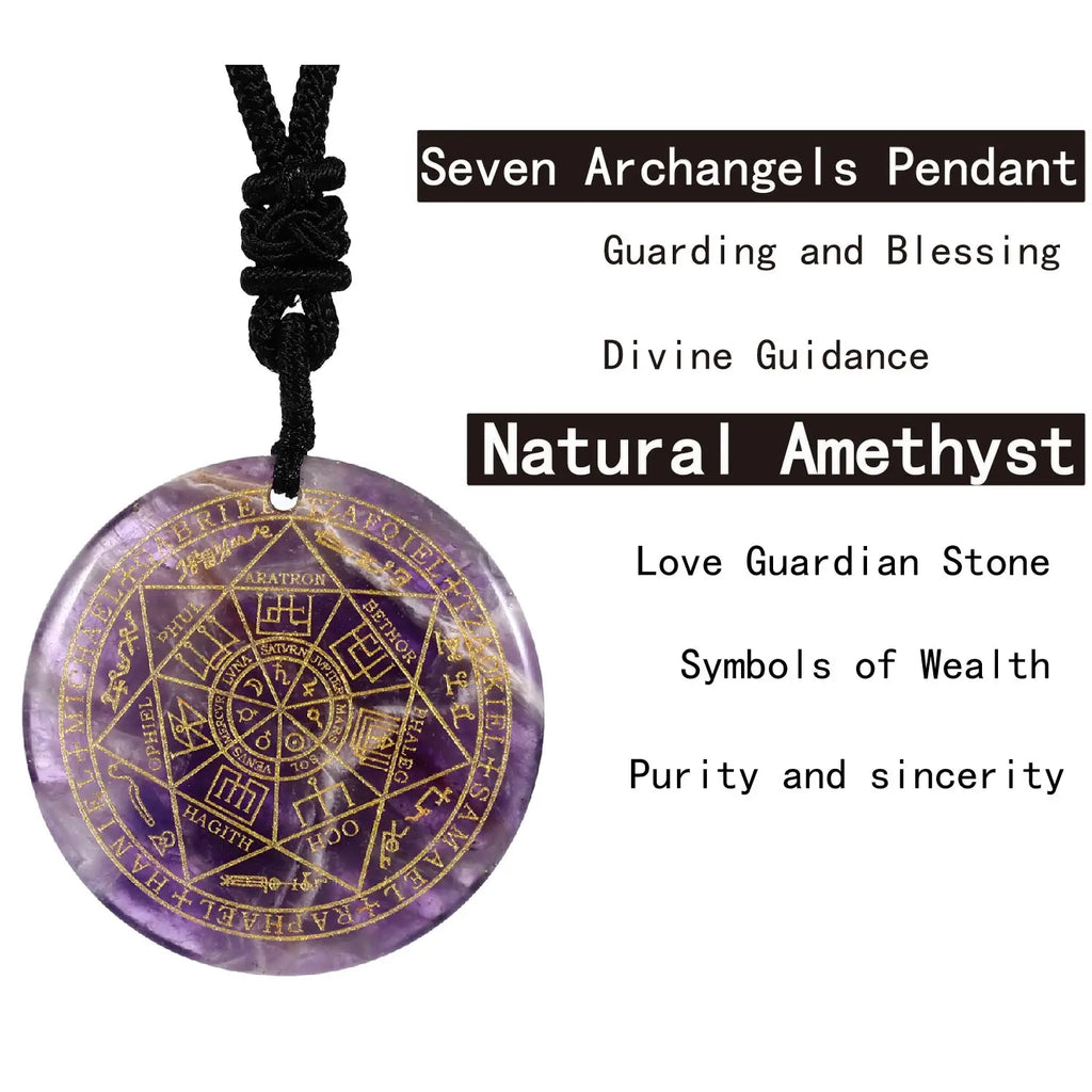 ✨ Natural Crystal Quartz Seven Archangels Amulet Necklace – Seal of Solomon Talisman | Men’s Spiritual Protection Jewelry with Archangel Michael Amethyst