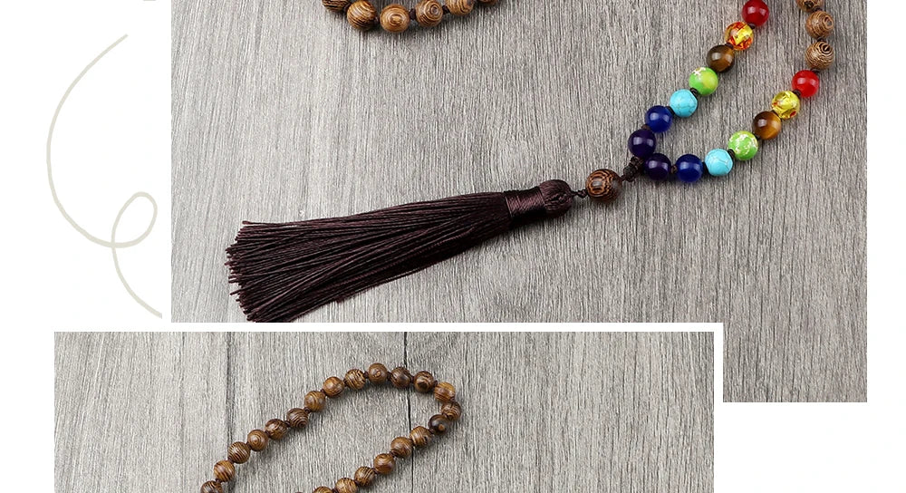 🌳 7 Chakra Wooden Japamala Necklace: Vintage Tree of Life 108 Bead Mala – Meditation, Yoga & Prayer Rosary with Healing Tassel