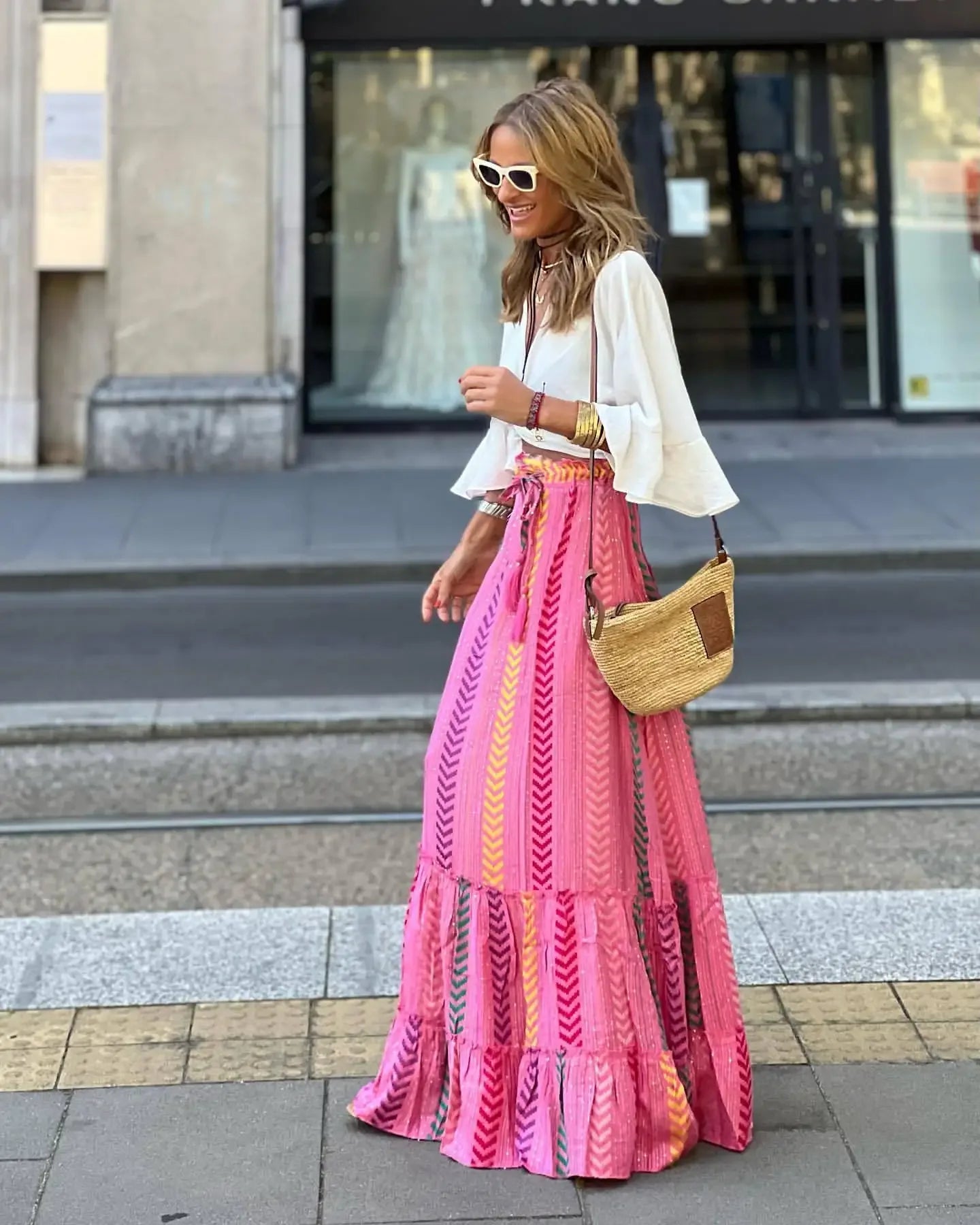 Bohemian A-line Skirt for Women – Loose Ruffle Summer Beach Vacation Skirt with Drawstring – Fashionable Streetwear