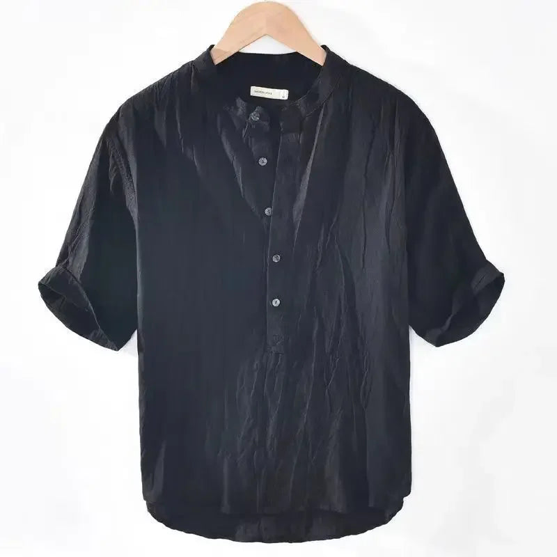 🌿 The Zen-Essential Pure Linen Top: Premium Men’s 100% Organic Linen V-Neck Shirt – Loose Fit Vintage Silhouette, Breathable Half-Sleeve Design, and Ultra-Lightweight Summer Casual Tee black