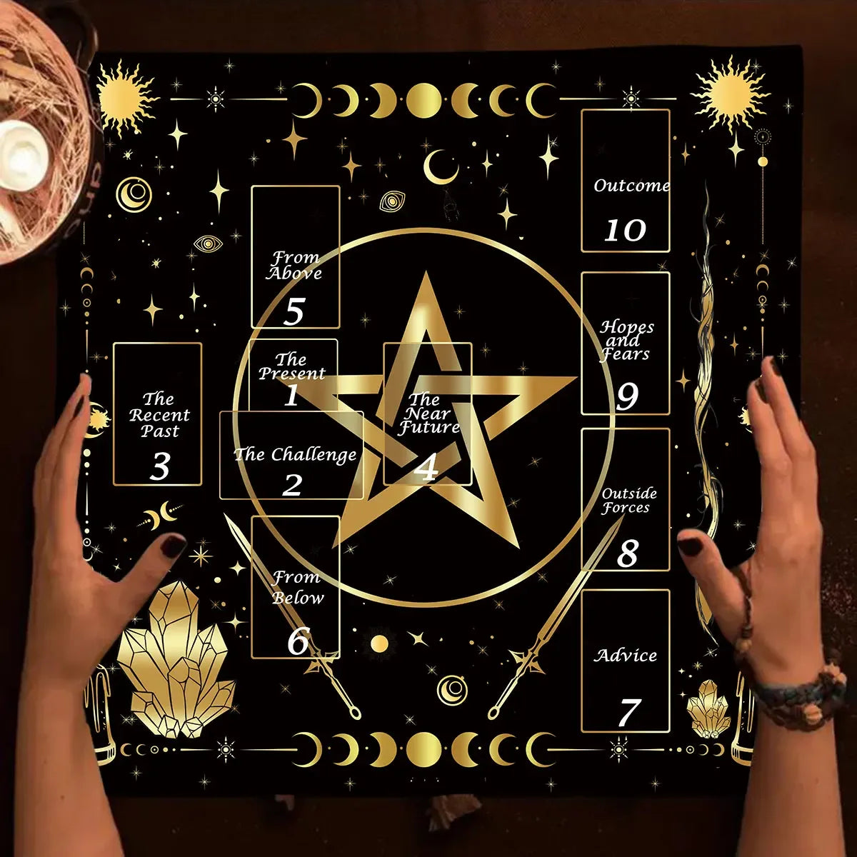 🔮Golden Celtic Cross Tarot Tablecloth – Elegant Polyester Altar Cloth Featuring Iconic Celtic Cross, Moon, Stars, and Floral Motifs HDS-2508241034