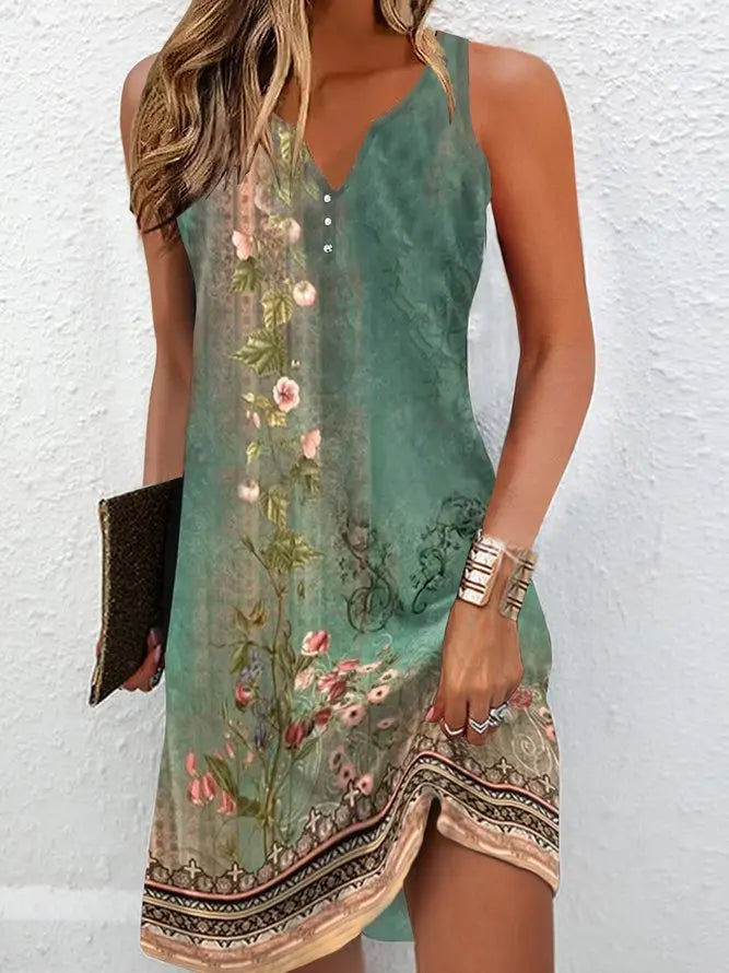 👗 Women’s Summer Dress – Bohemian Stitching V-Neck Loose Sleeveless Vestidos for Vacation