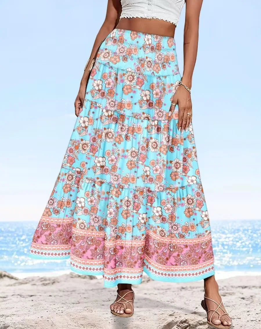 👗 Fashion Boho Printed Long Skirt – Casual Retro Vacation Style with Elastic Waist and A-line Big Hem for Women, Spring Summer New SKY BLUE