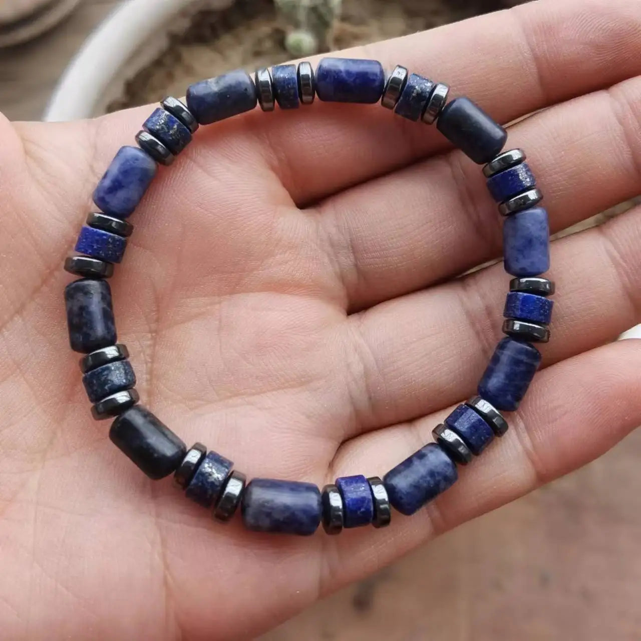 ✨ Lapis Lazuli & Pyrite Hematite Blue Bead Bracelet – Elegant Natural Stone Jewelry for Balance & Prosperity silver---A2