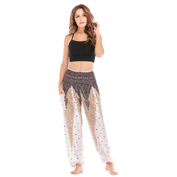 Women's Boho Yoga Pants - High Waist Floral Print Harem Leggings with Pockets for Comfort and Style