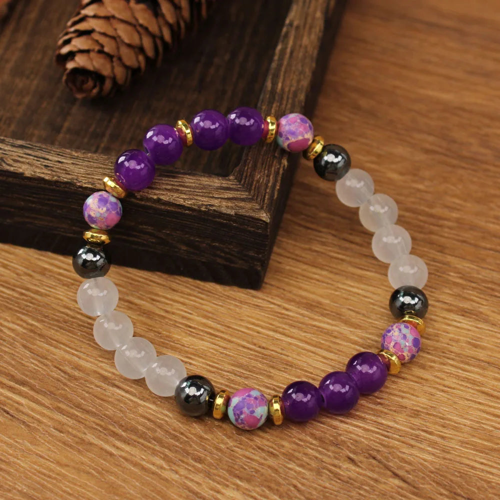 ✨ Elegant Natural Stone Bracelet – Purple Crystal Round Beads for Women – Daily Decoration & Perfect Christmas Gift Jewelry