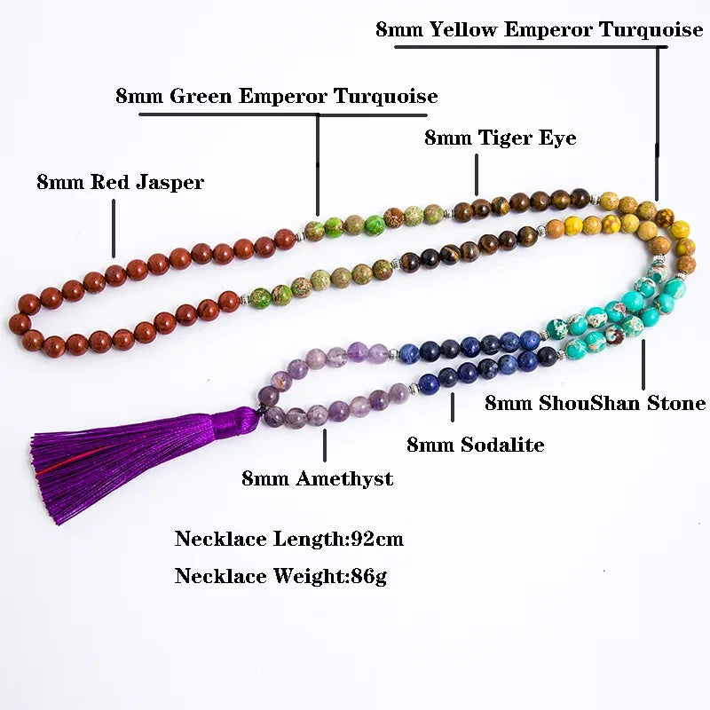 🌈 8mm Natural Stone 7 Chakra Healing Necklace: 108 Mala Beads with Tassel – Yoga Meditation Rosary for Energy Balance & Inner Peace