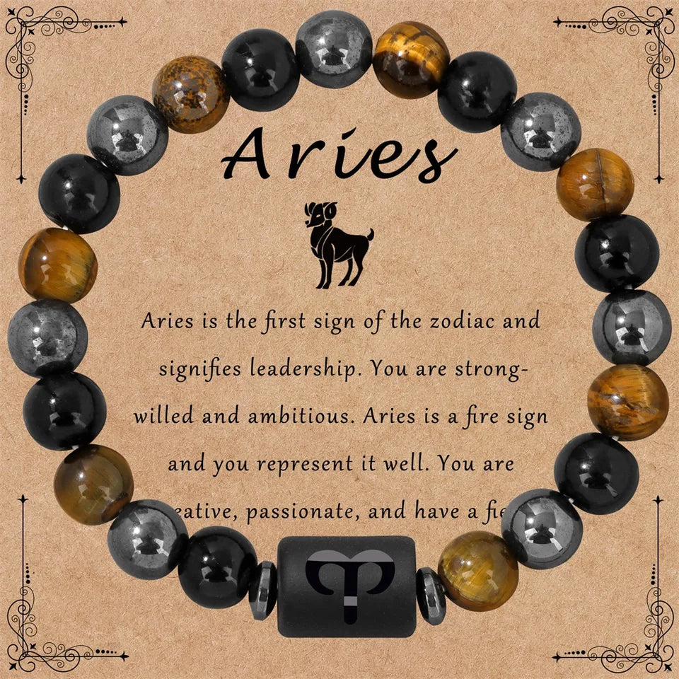 ✨ 12 Constellation Zodiac Sign Bracelet – Tiger Eye, Hematite & Obsidian Triple Protection Stone Beaded Bangle – Empowering Energy Jewelry Gift