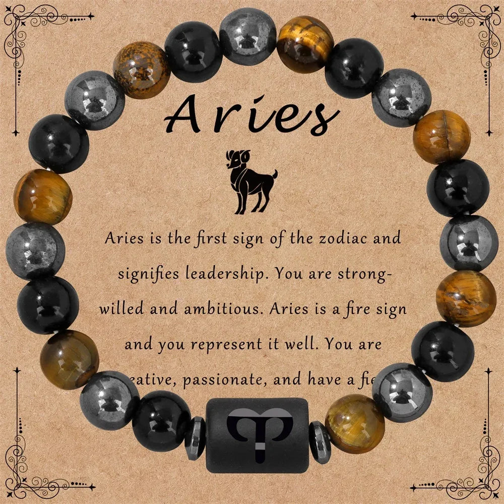 ✨ 12 Constellation Zodiac Sign Bracelet – Tiger Eye, Hematite & Obsidian Triple Protection Stone Beaded Bangle – Empowering Energy Jewelry Gift Aries