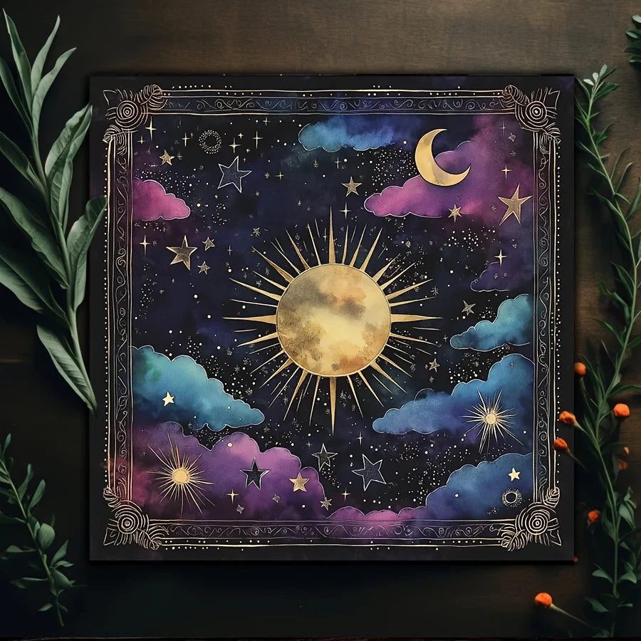 🃏 VIKAMA Astrology Crystal Tablecloth – Black & Gold Sun, Moon, Star & Cloud Altar Cloth for Meditation, Mysticism & Tarot Table Decor 75X75(2.5X2.5FT