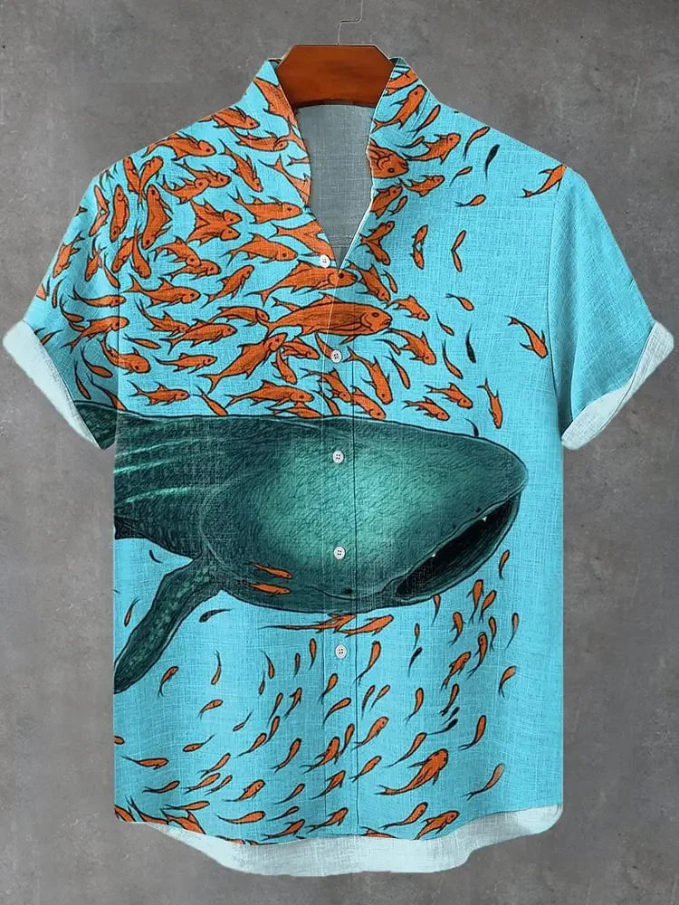 ✨ The Sovereign Zen-Fish Heritage: Premium Men's Cotton-Linen Blend Casual Shirt – Retro 3D Artistic Print, Breathable Short-Sleeve Button-Up (Ropa Casual Para Hombre) with Vintage Tailored Fit SFQQQD840