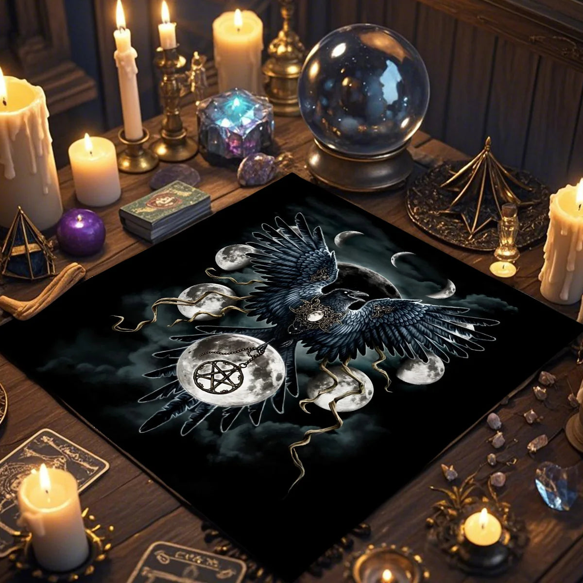 🃏Crow & Moon Phase Tarot Tablecloth – Star Divination Altar Cloth for Runes, Witchcraft Rituals & Mystical Party Game Decor