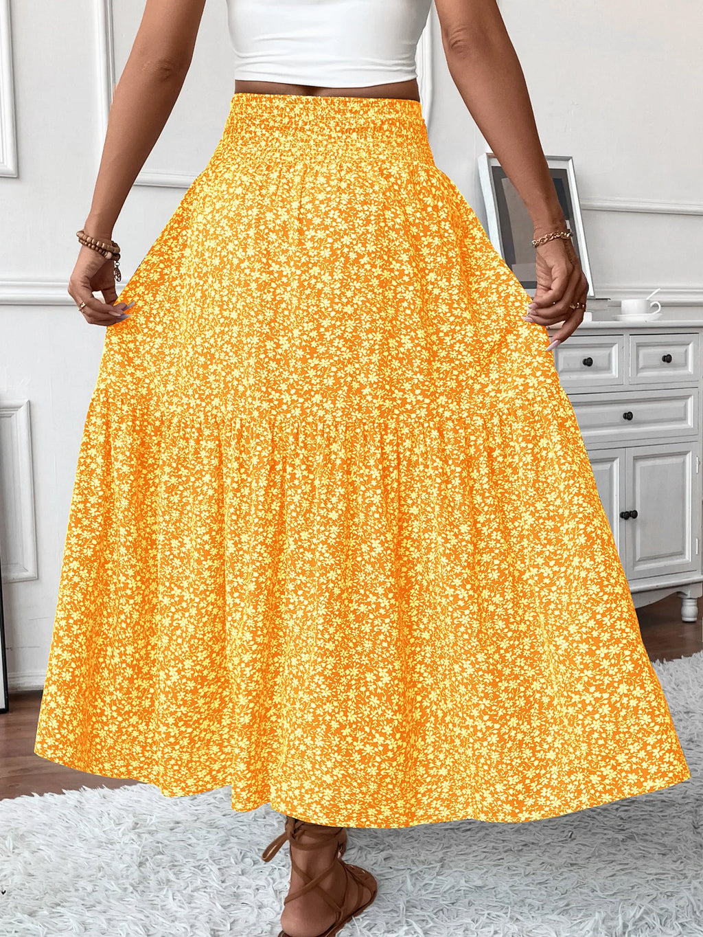 🌟 Women New Classic Printed Skirt Retro High Waist Long Skirt Casual Stylish Loose Beach Skirt Elegant Ladies Floral Pleated Skirt﻿