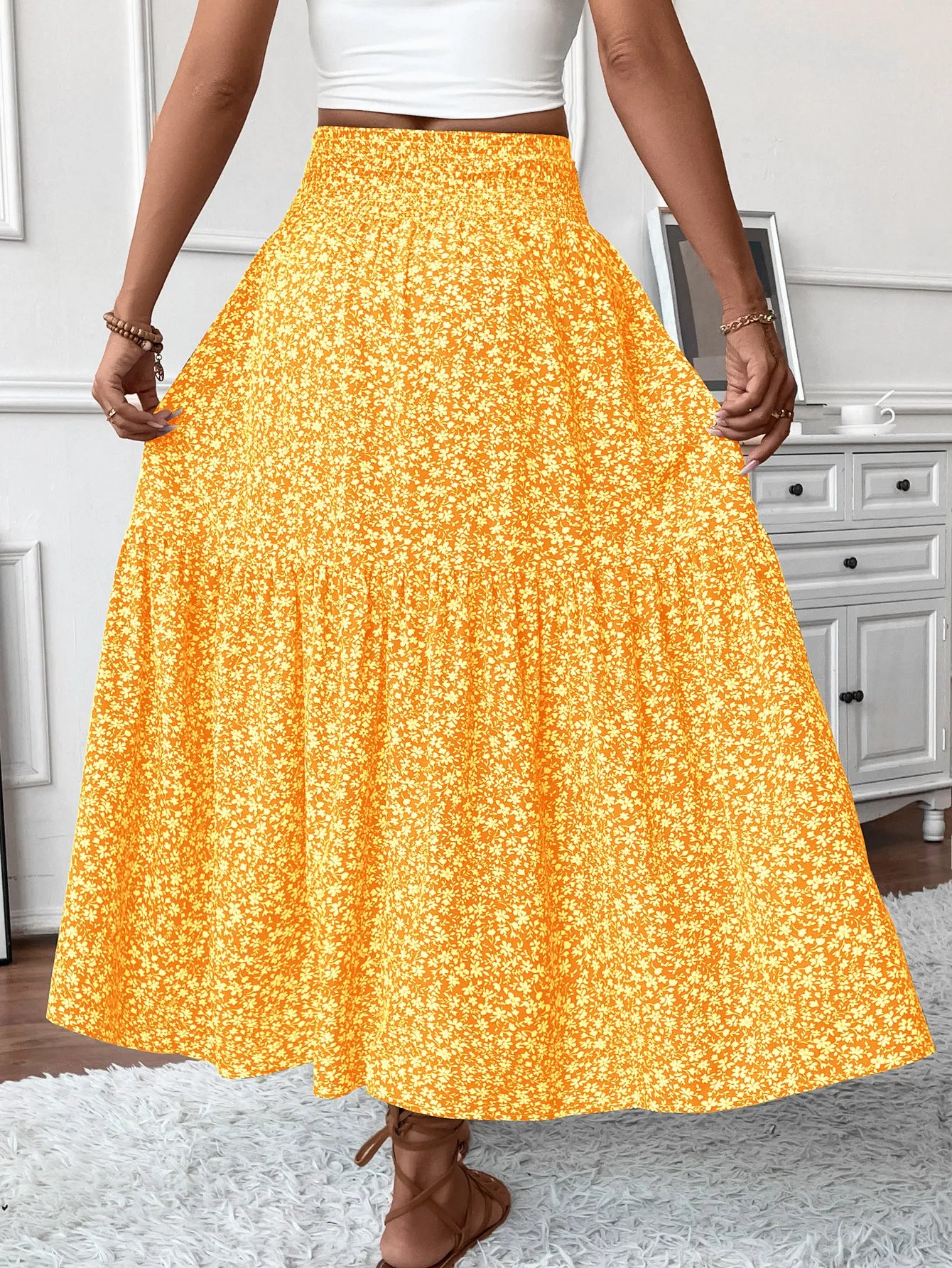 🌟 Women New Classic Printed Skirt Retro High Waist Long Skirt Casual Stylish Loose Beach Skirt Elegant Ladies Floral Pleated Skirt﻿