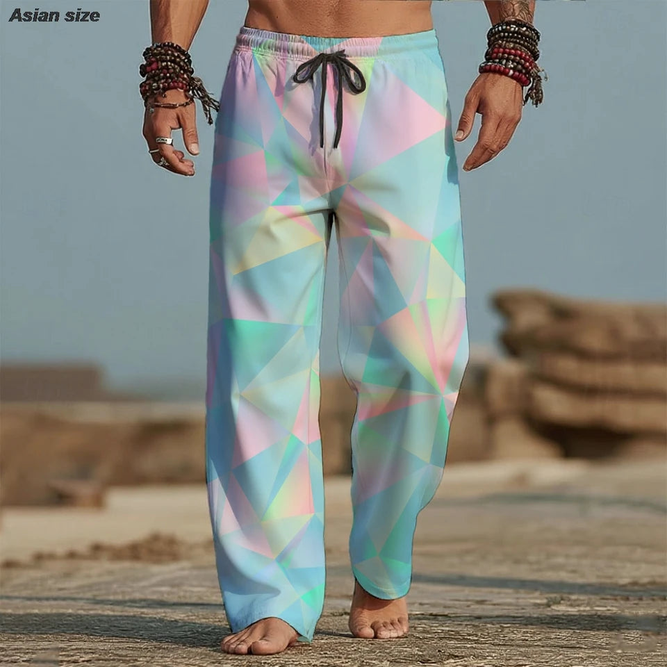 📐 The Geometric Kinetic: Premium Men’s 3D Printed Summer Trousers – High-Definition Optical Geometric Graphic, Breathable Ultra-Light Performance Fabric, and Sophisticated Mid-Waist Elastic Relaxed Fit Holiday Pants