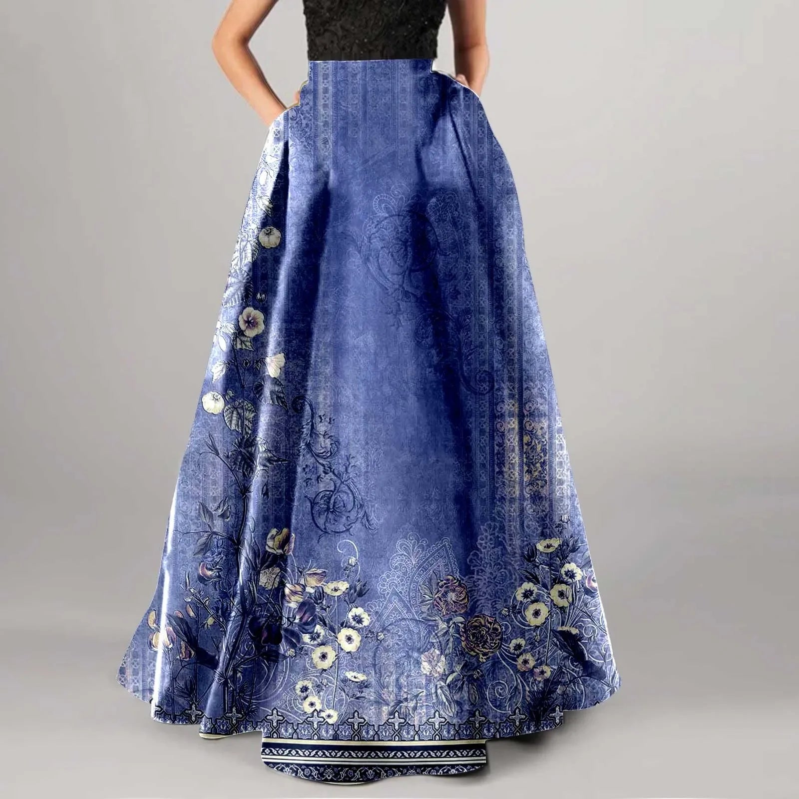 Summer Bohemian Maxi Skirt – Floral High Waist Pleated Maxi Skirt for Women in Boho Holiday Style Purple
