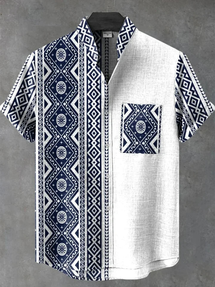 🌿 The Ethno-Luxe Heritage Linen Shirt: Premium Men's Casual Short-Sleeve Top – High-Definition Ethnic Artistic Print, Breathable Organic Cotton-Linen Fabric, and Sophisticated Button-Down Tailoring