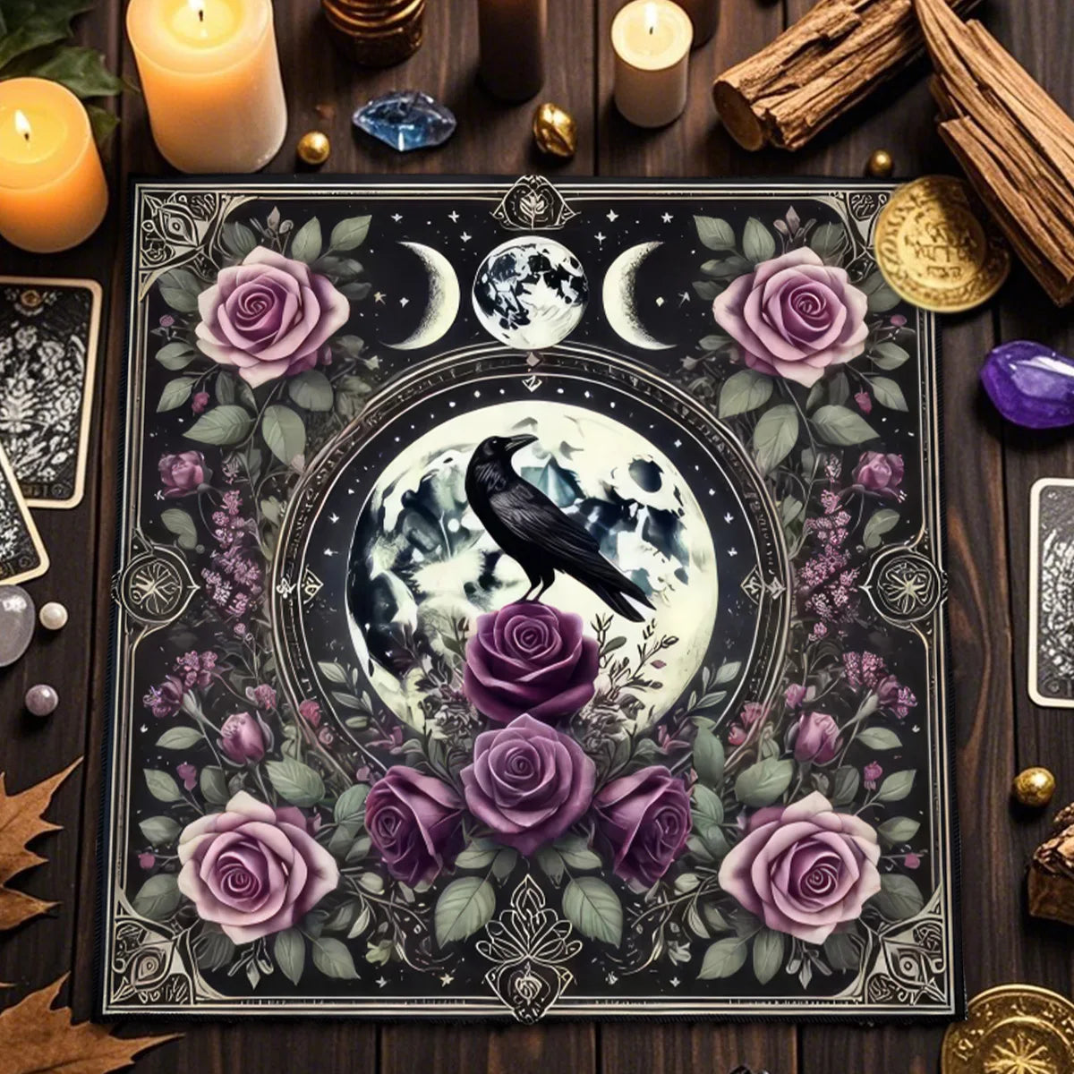 🃏Crow & Moon Phase Tarot Tablecloth – Star Divination Altar Cloth for Runes, Witchcraft Rituals & Mystical Party Game Decor TLB (848)