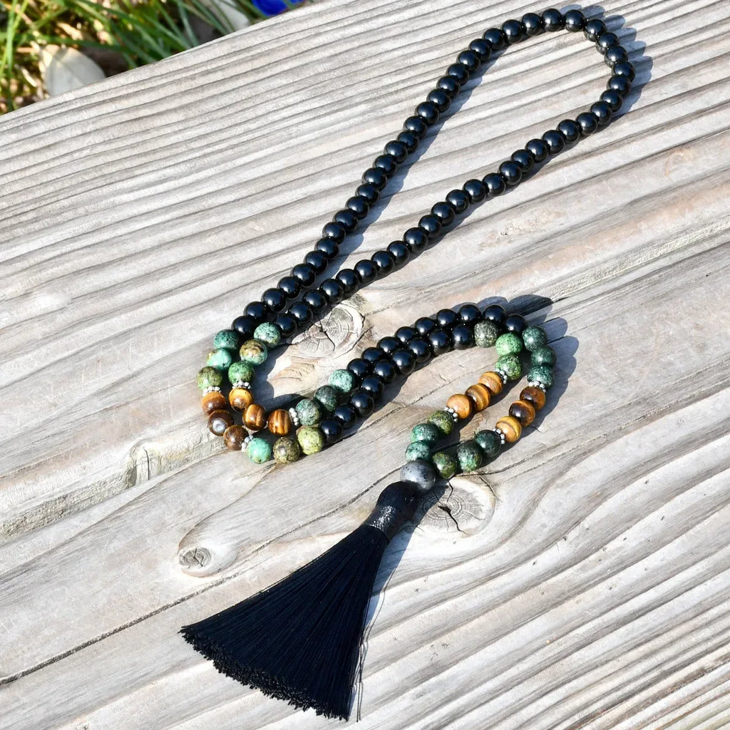 📿 The "Zen Guardian" 108 Mala: Black Agate & Tiger Eye Traditional Chinese Prayer Necklace