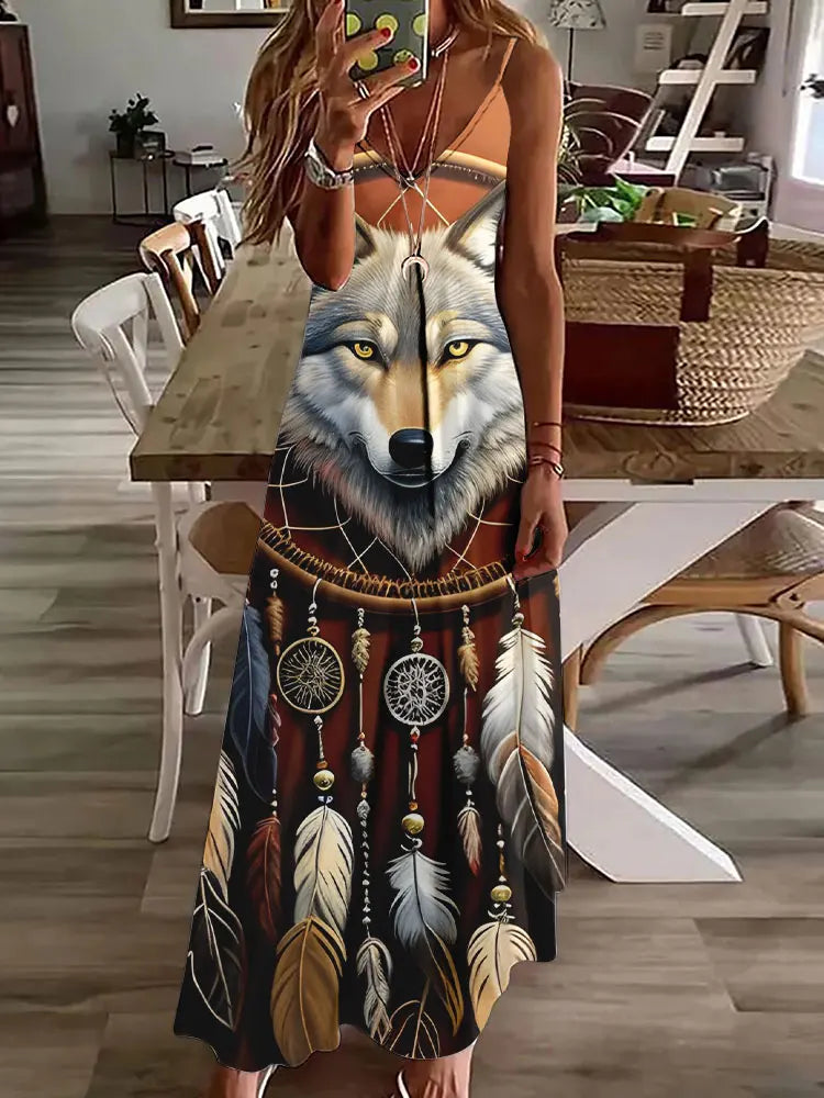 2024 New 3D Owl Vintage Print Dress for Women – Sleeveless Long Tribal Pattern Spaghetti Strap Summer Vest Dress BDQLTH24874556