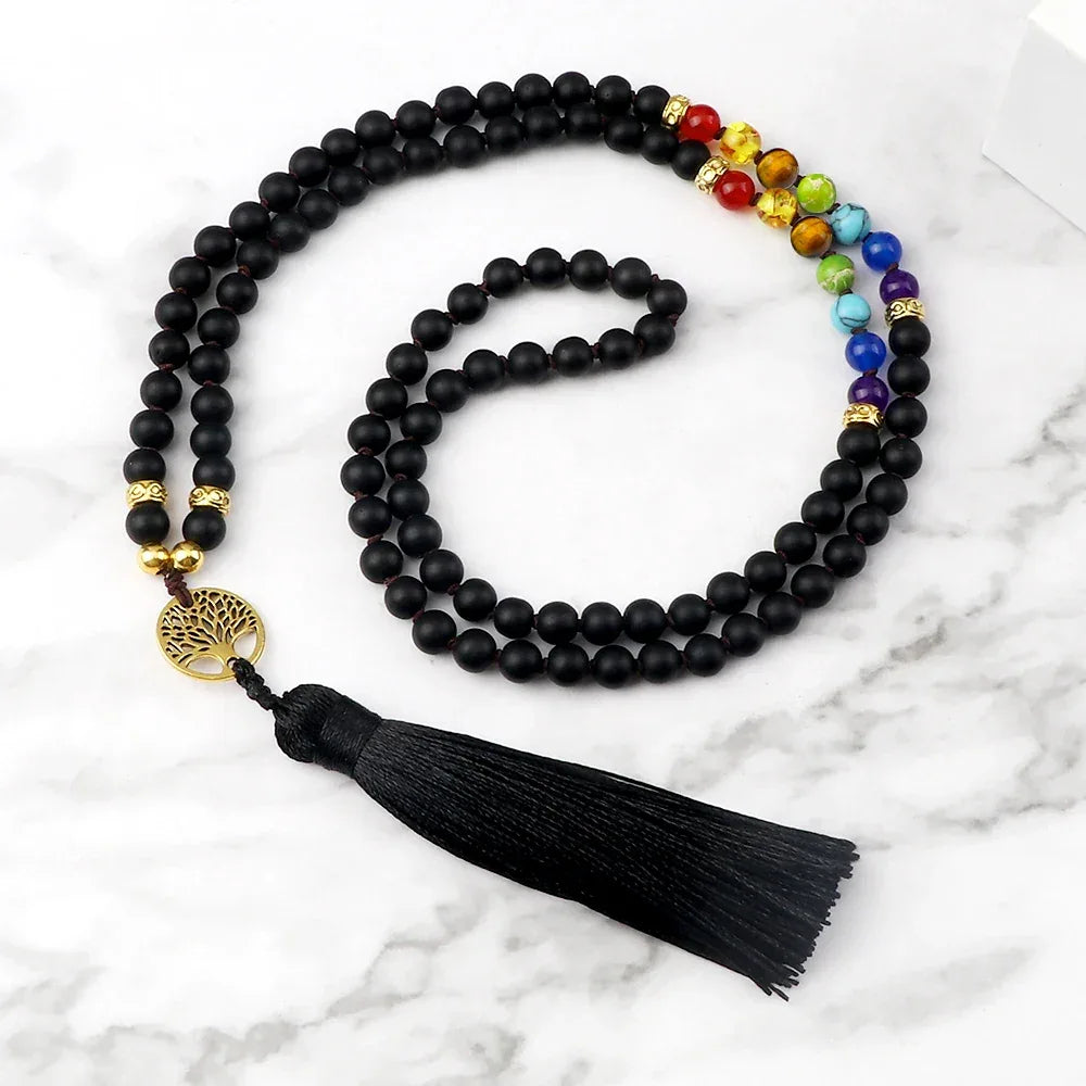 🐯 Tiger Eye & Black Onyx 108 Mala Necklace with Tree of Life Pendant – 7 Chakra Healing Crystal Beads & Protection Rosary Jewelry for Men & Women Matte Black