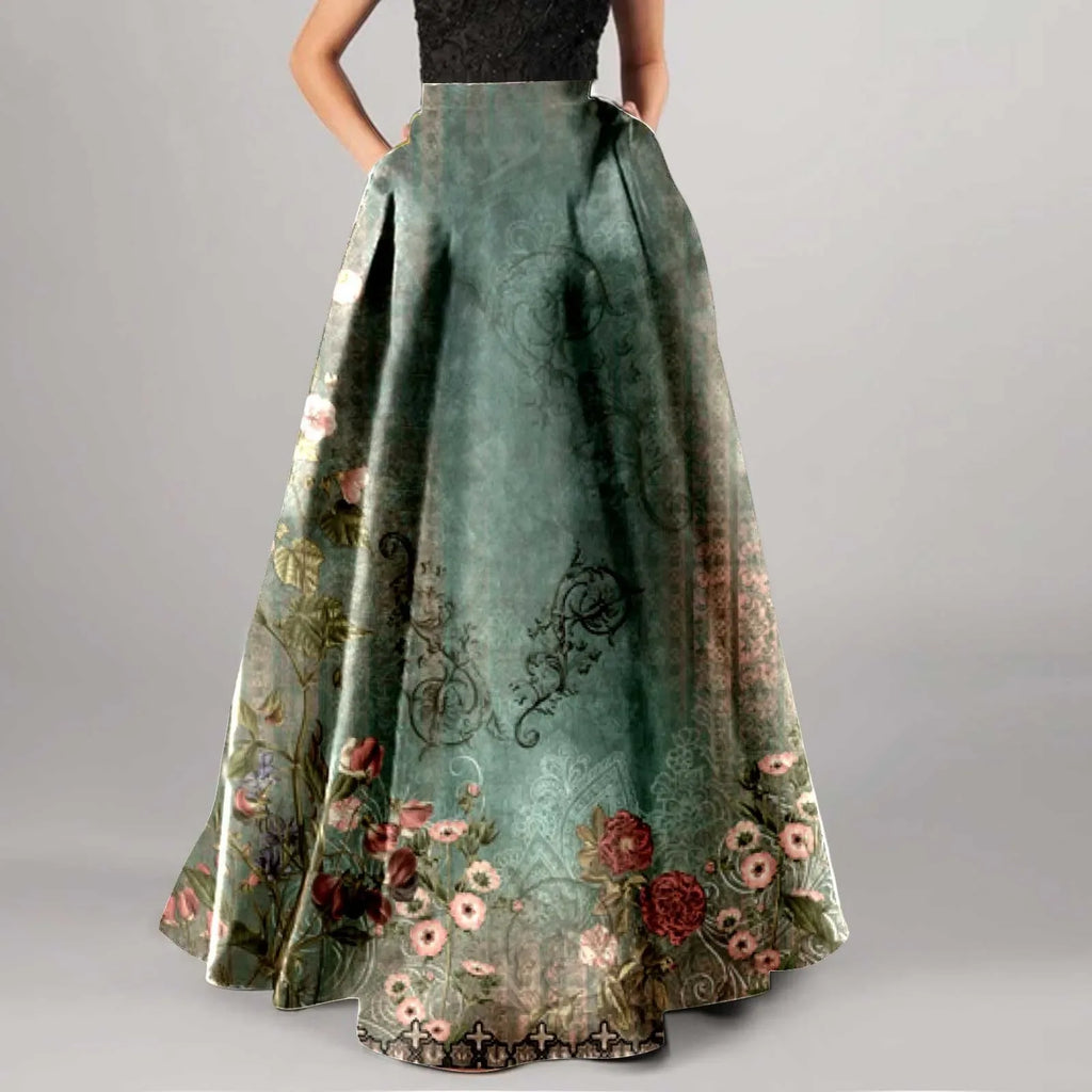 Summer Bohemian Maxi Skirt – Floral High Waist Pleated Maxi Skirt for Women in Boho Holiday Style Green