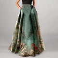 Summer Bohemian Maxi Skirt – Floral High Waist Pleated Maxi Skirt for Women in Boho Holiday Style Green