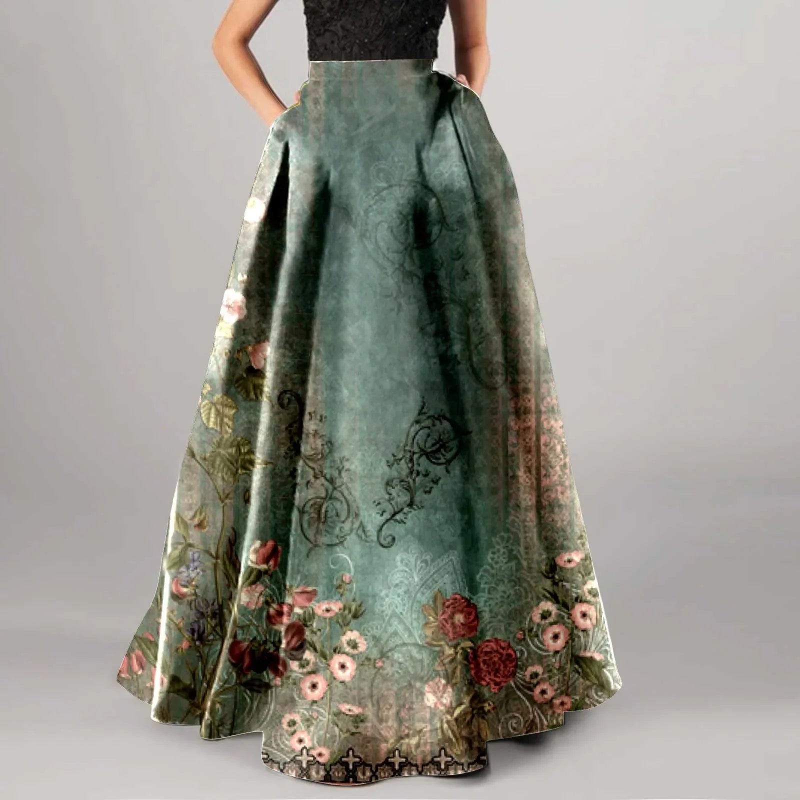 Summer Bohemian Maxi Skirt – Floral High Waist Pleated Maxi Skirt for Women in Boho Holiday Style Green