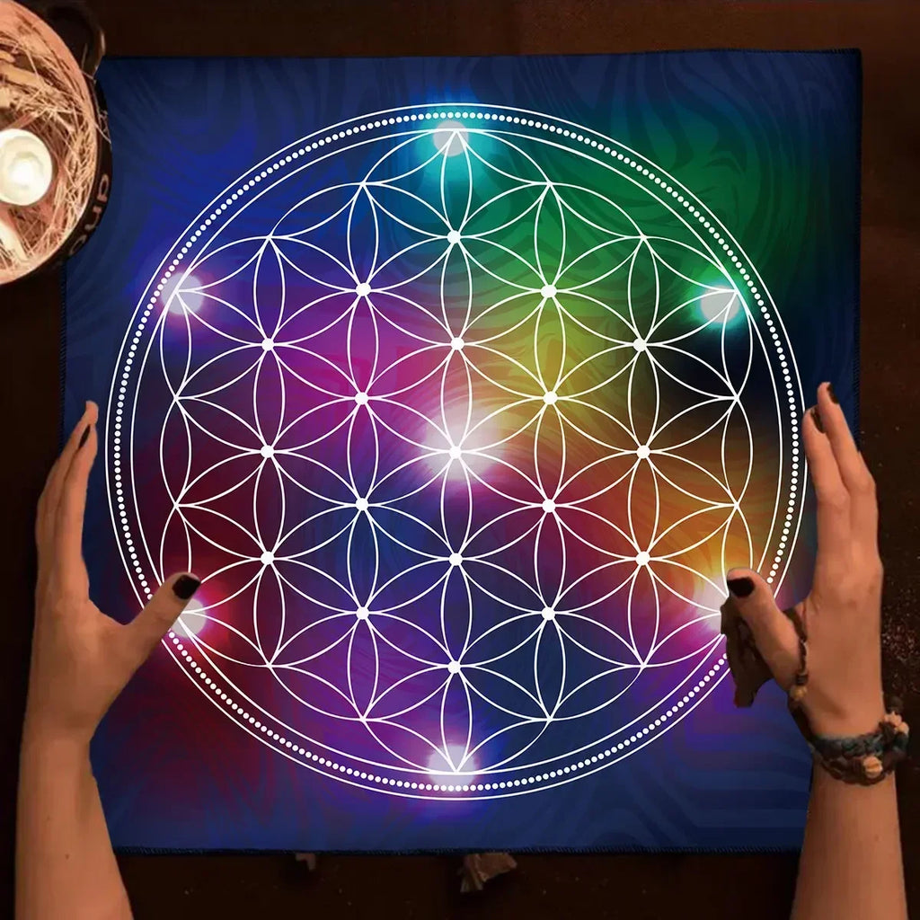 🌸Mandala Flower of Life Tarot Tablecloth | Altar Cloth for Pagan Witchcraft & Divination | Oracle Card Pad | Galaxy Tarot Reading Cloth